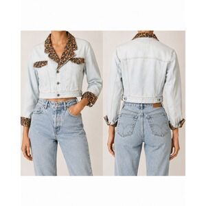 Steel Jeans 80s Vintage Denim Jacket Leopard Trim Light Wash Cropped Womens M